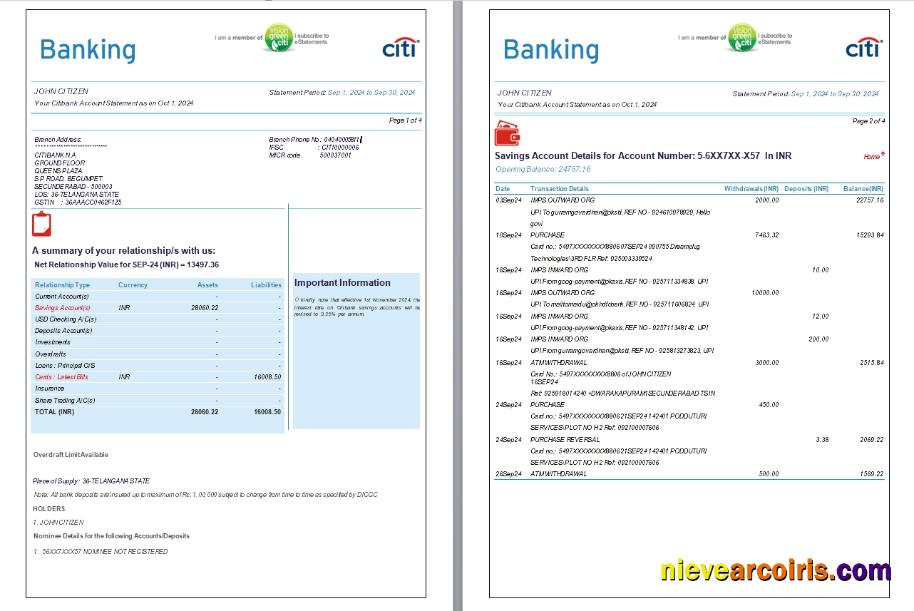India Citibank bank statement, 6 pages, 1-2 scr